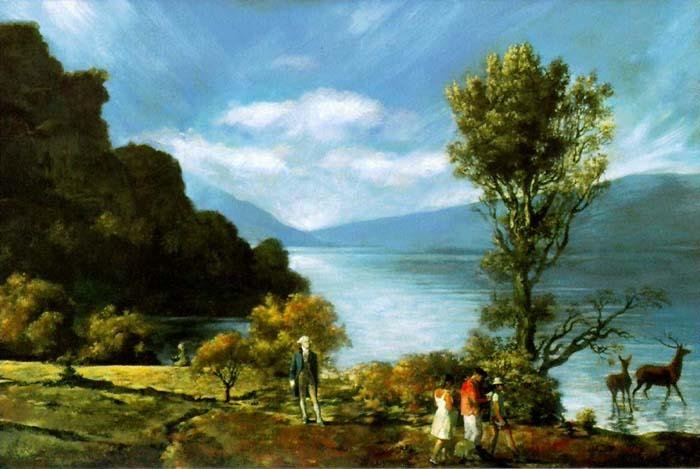 Painting in a calendar-art style: a lake framed by trees, with deer, strolling figures and blue mountains under a bright sky.